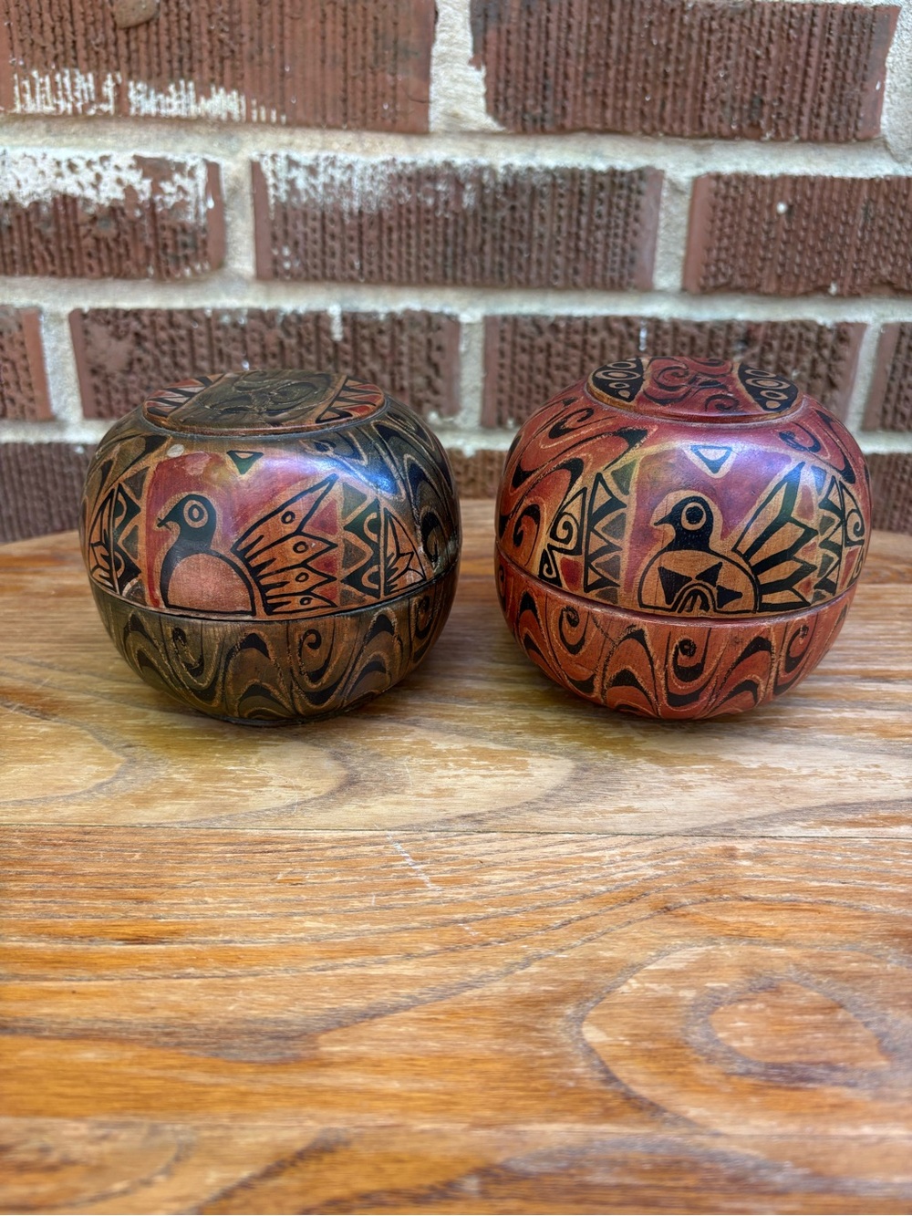 Vintage Hand-Carved Wooden Trinket Sphere with Hand-Painted Indigenous Art Set 2